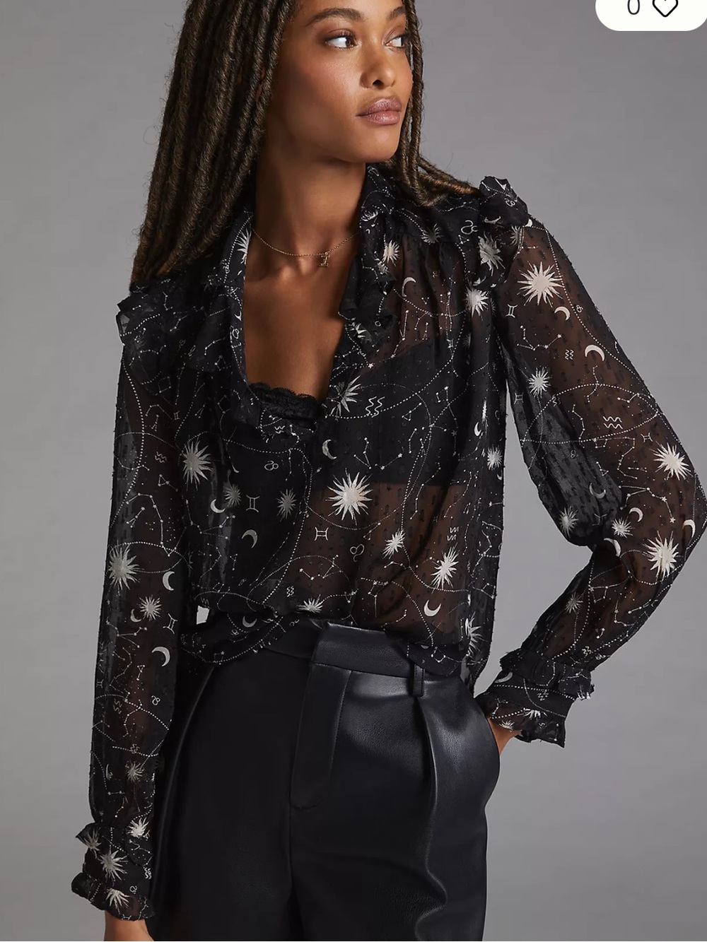 Anthropologie Black Sheer Celestial puffed sleeve Ruffle Blouse M